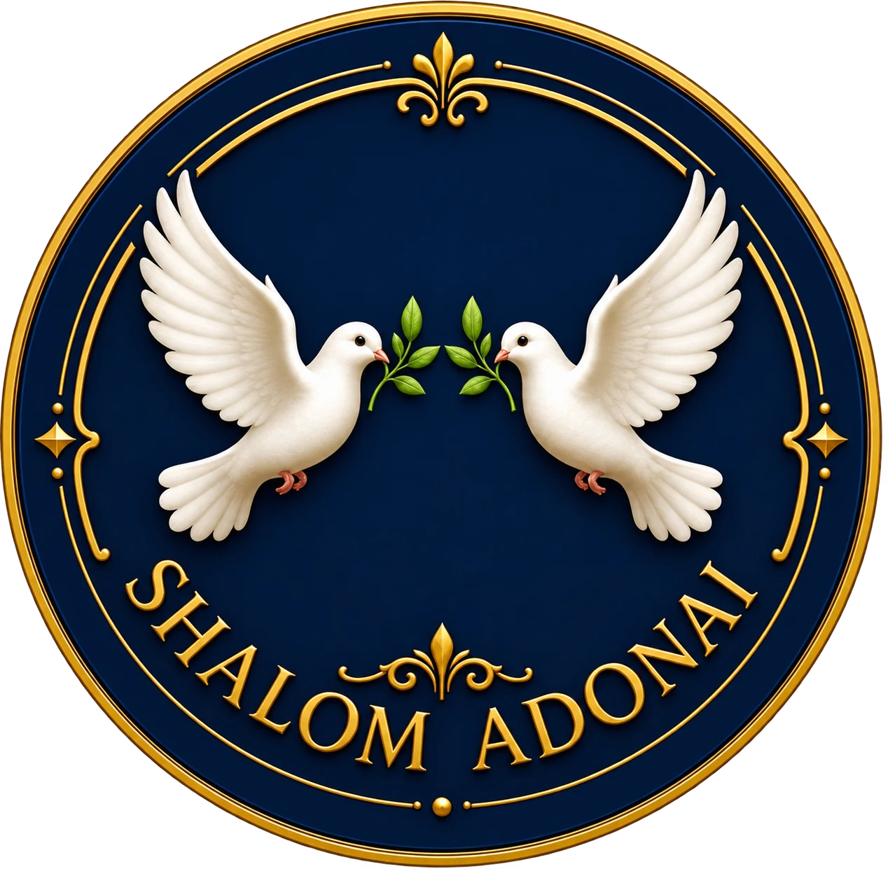 Logotipo da Shalom Adonai: duas pombas brancas em um emblema azul e dourado
